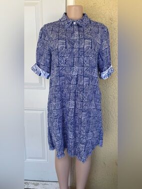 Dizzy Lizzie Navy & White Geometric Midi Shirt Dress